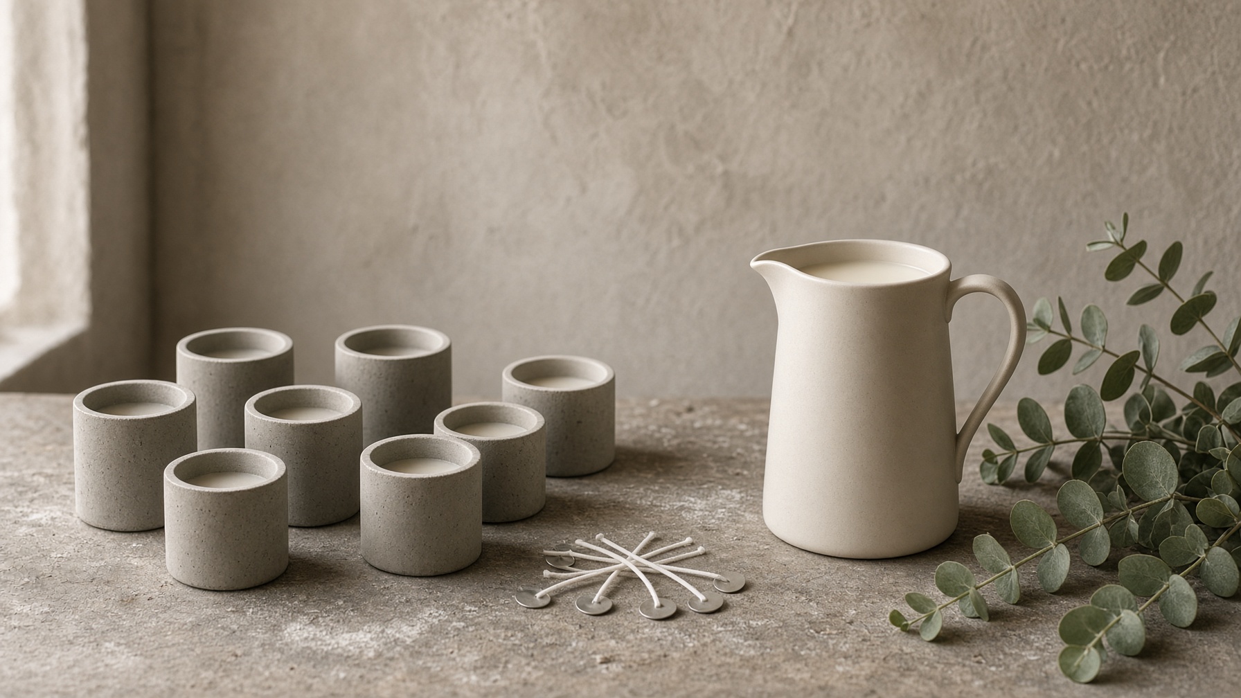 Worktable with curing concrete vessels, soy wax, and eucalyptus